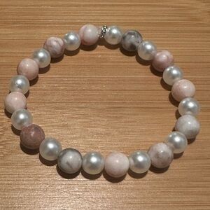 Handmade Faux Pearl and Natural Stone Stretch Bead Bracelet Size 7 inches